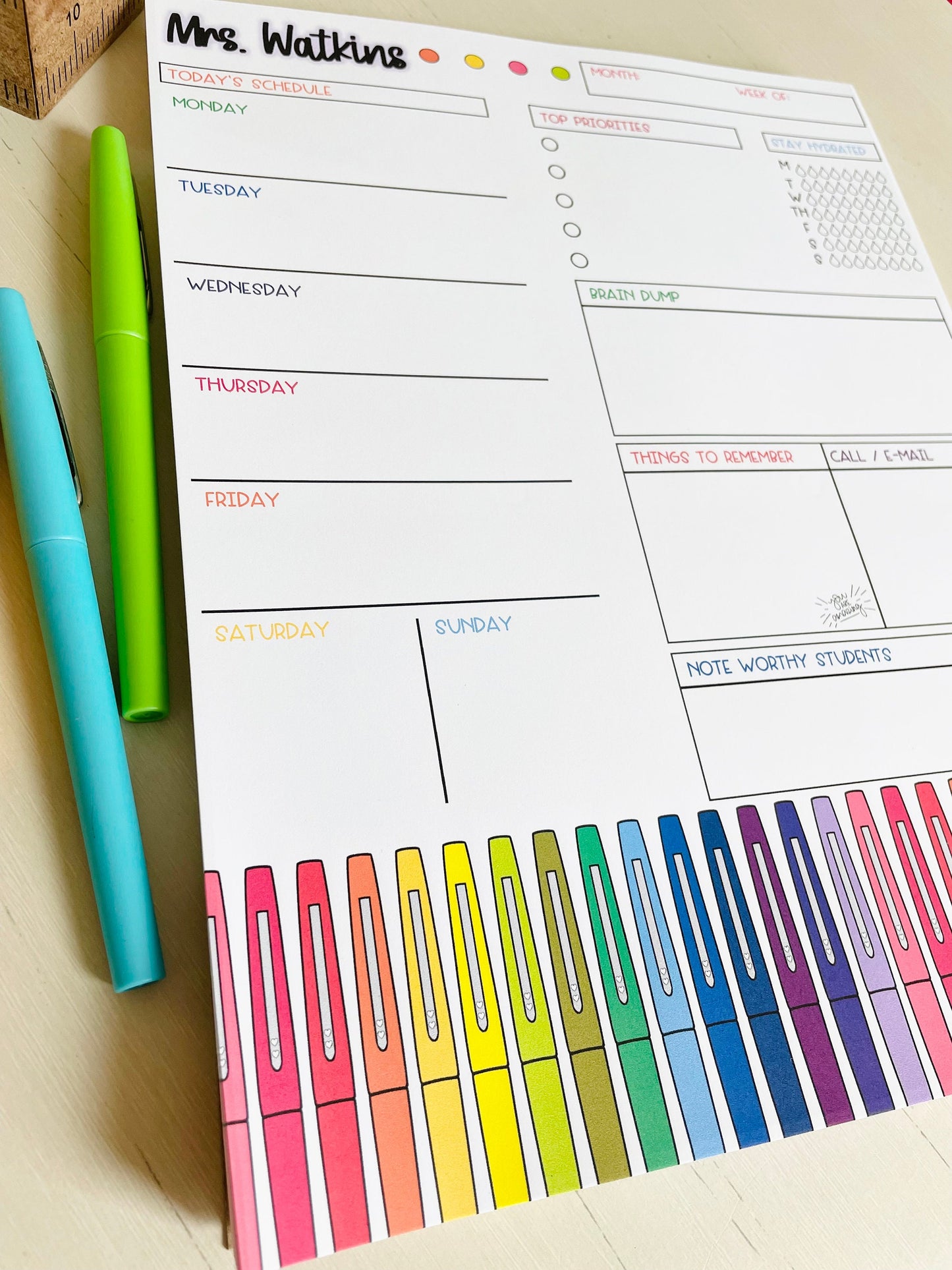 Rainbow Pen Weekly Teacher Planner